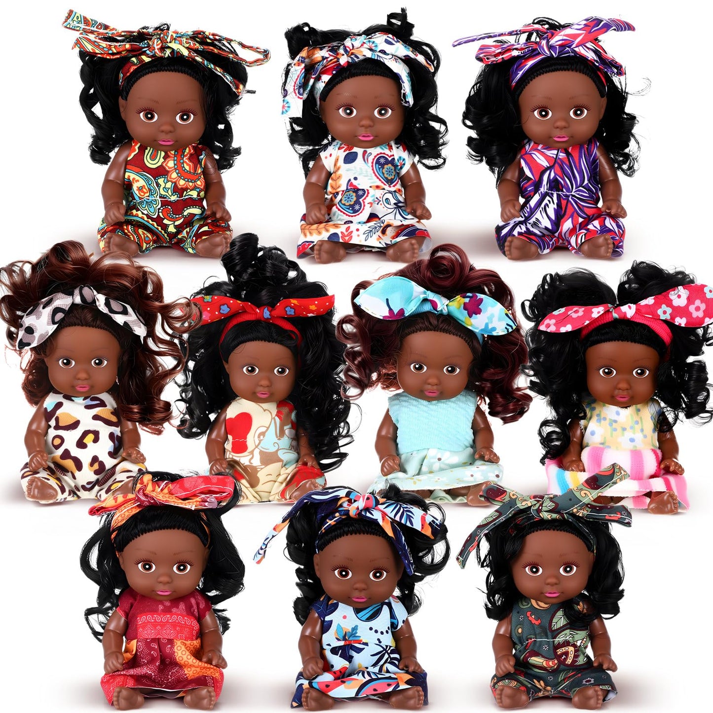 Hanaive 10-Pack 4-Inch Mini Baby Dolls with Animal Clothes – Realistic Tiny Dolls (Dark Skin)