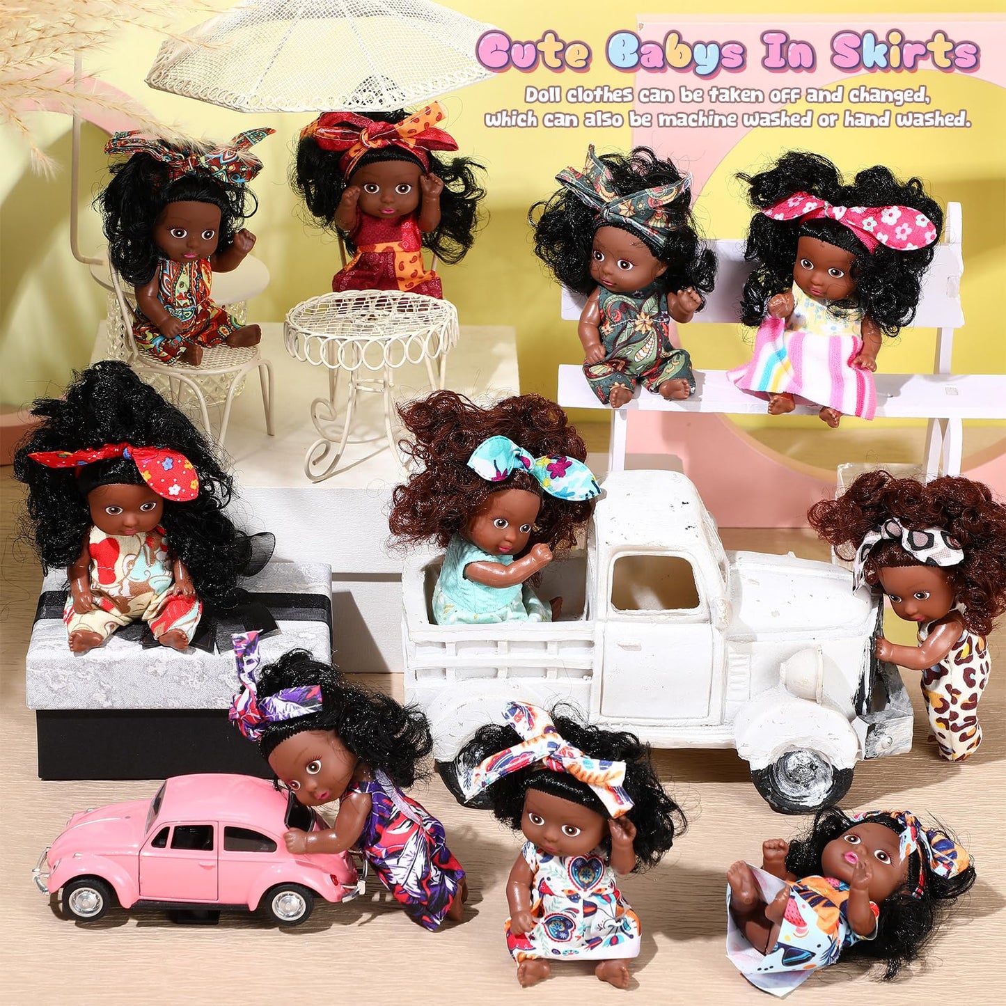 Hanaive 10-Pack 4-Inch Mini Baby Dolls with Animal Clothes – Realistic Tiny Dolls (Dark Skin)