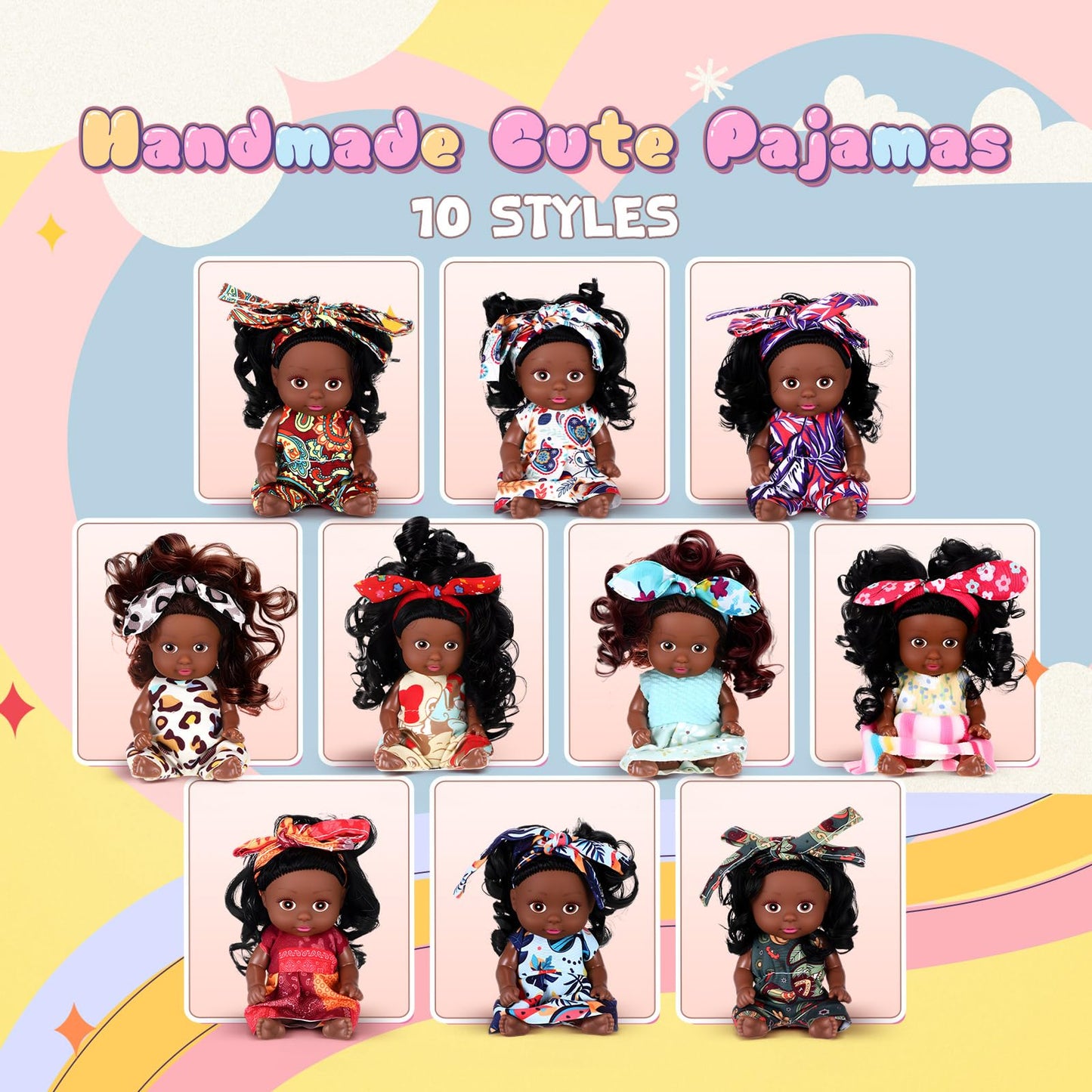Hanaive 10-Pack 4-Inch Mini Baby Dolls with Animal Clothes – Realistic Tiny Dolls (Dark Skin)