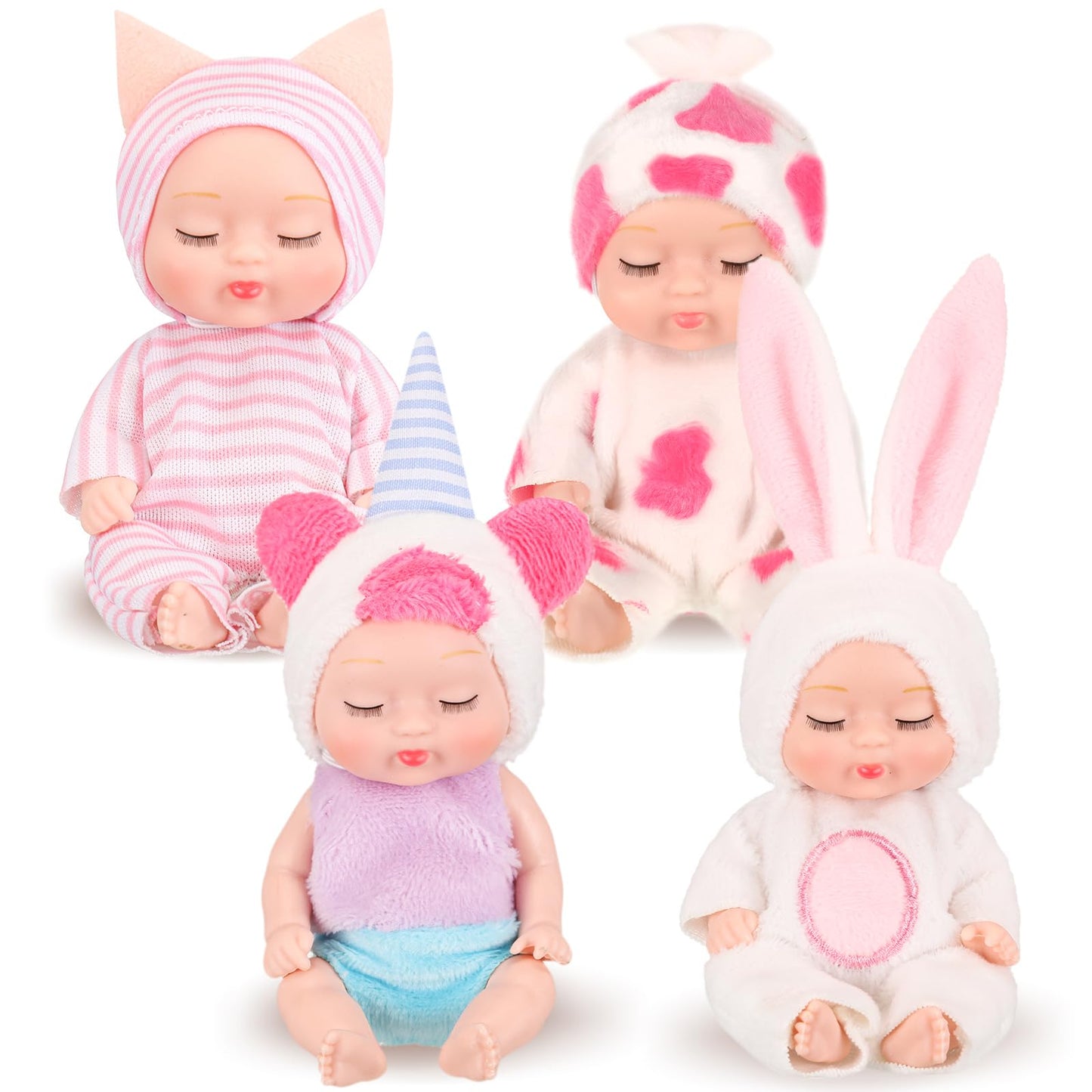 Hanaive 4 Pcs Mini Baby Dolls – 4-Inch Lifelike Dolls with Animal Clothes | Cute Gifts for Kids