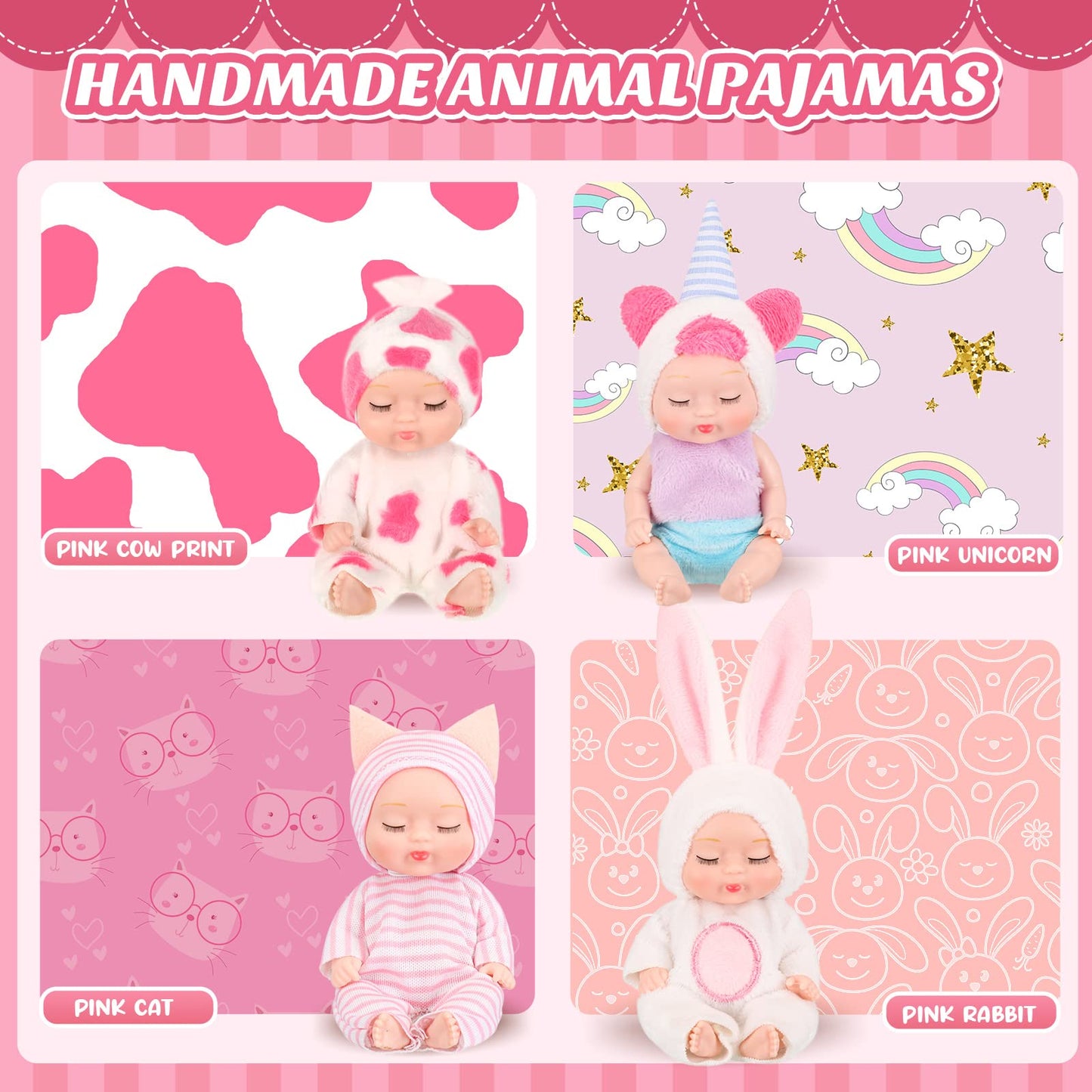 Hanaive 4 Pcs Mini Baby Dolls – 4-Inch Lifelike Dolls with Animal Clothes | Cute Gifts for Kids