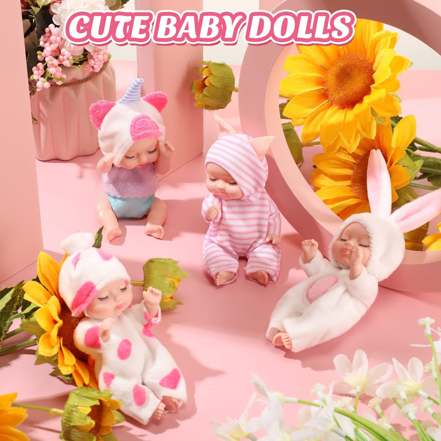 Hanaive 4 Pcs Mini Baby Dolls – 4-Inch Lifelike Dolls with Animal Clothes | Cute Gifts for Kids