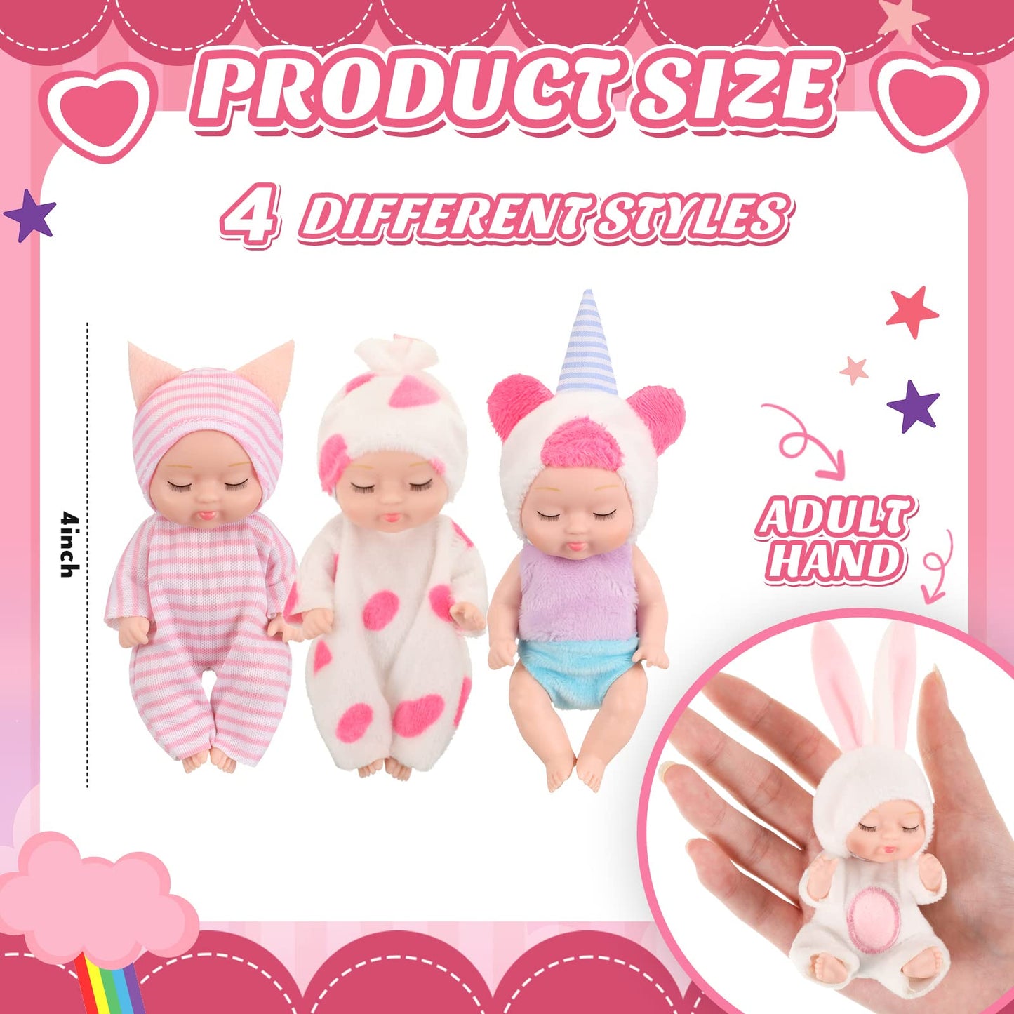Hanaive 4 Pcs Mini Baby Dolls – 4-Inch Lifelike Dolls with Animal Clothes | Cute Gifts for Kids