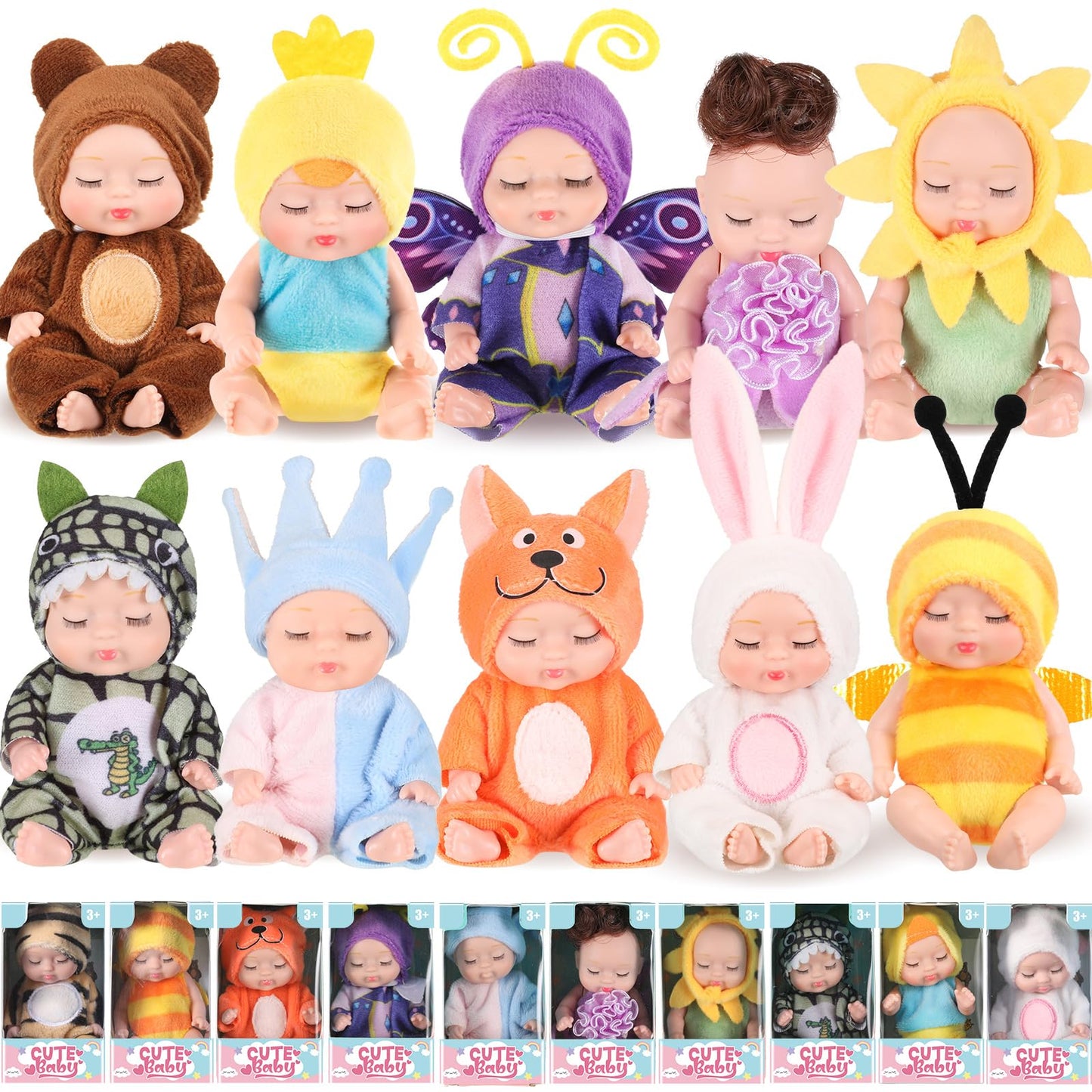 Hanaive 10-Piece 4-Inch Mini Baby Dolls with Animal Clothes – Realistic Tiny Infant Figurines