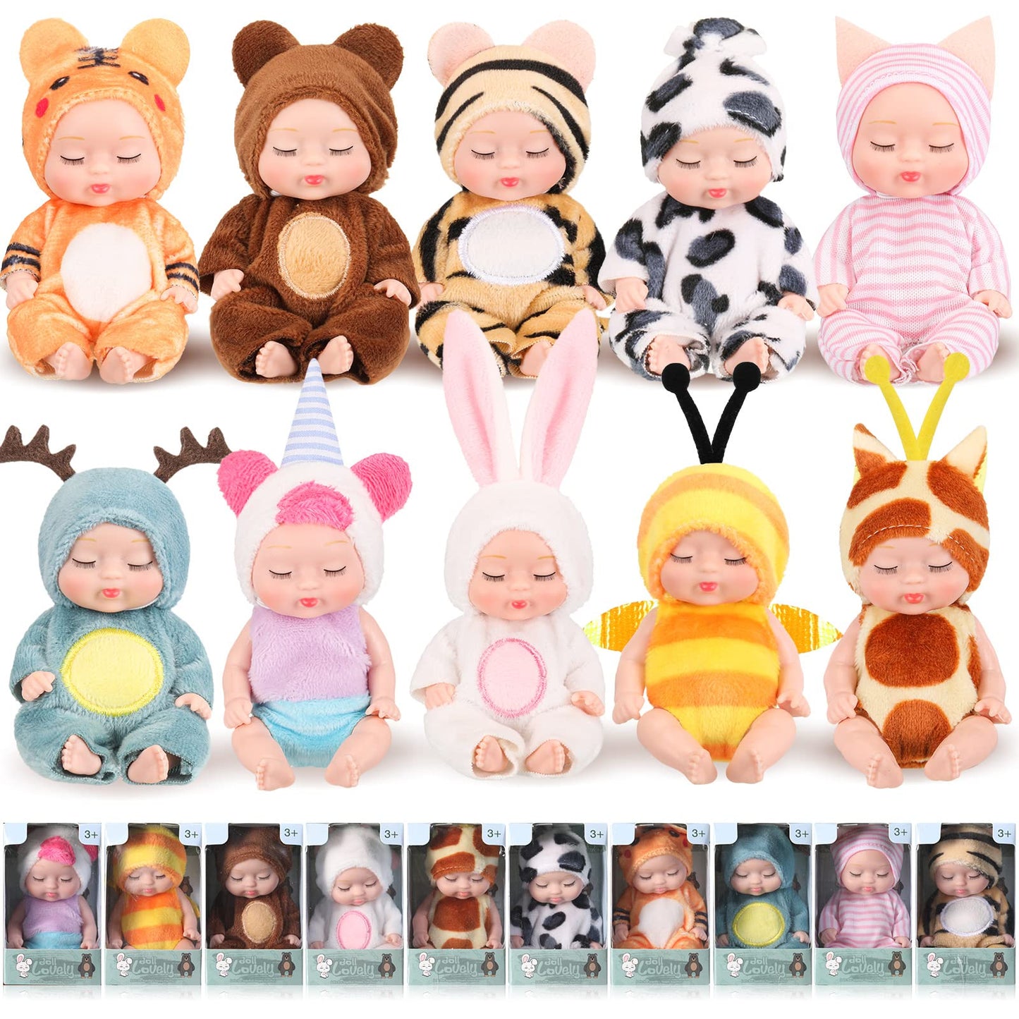 Hanaive 10 Pcs Mini Baby Dolls – 4-Inch Lifelike Dolls in Animal Outfits