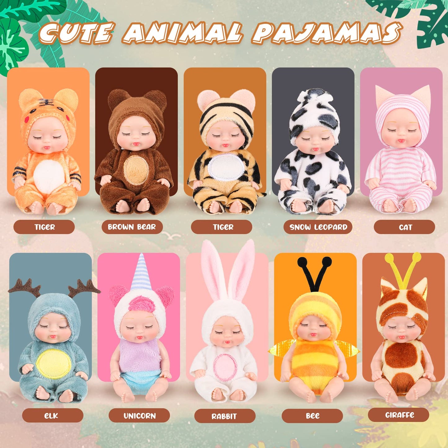 Hanaive 10 Pcs Mini Baby Dolls – 4-Inch Lifelike Dolls in Animal Outfits