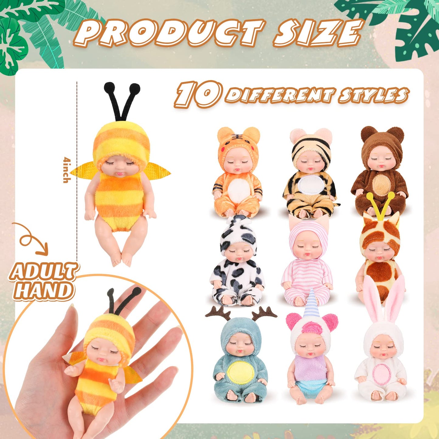 Hanaive 10 Pcs Mini Baby Dolls – 4-Inch Lifelike Dolls in Animal Outfits
