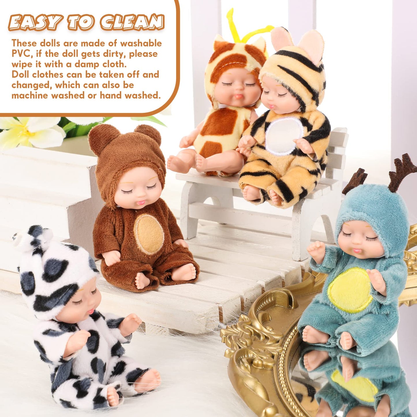 Hanaive 10 Pcs Mini Baby Dolls – 4-Inch Lifelike Dolls in Animal Outfits