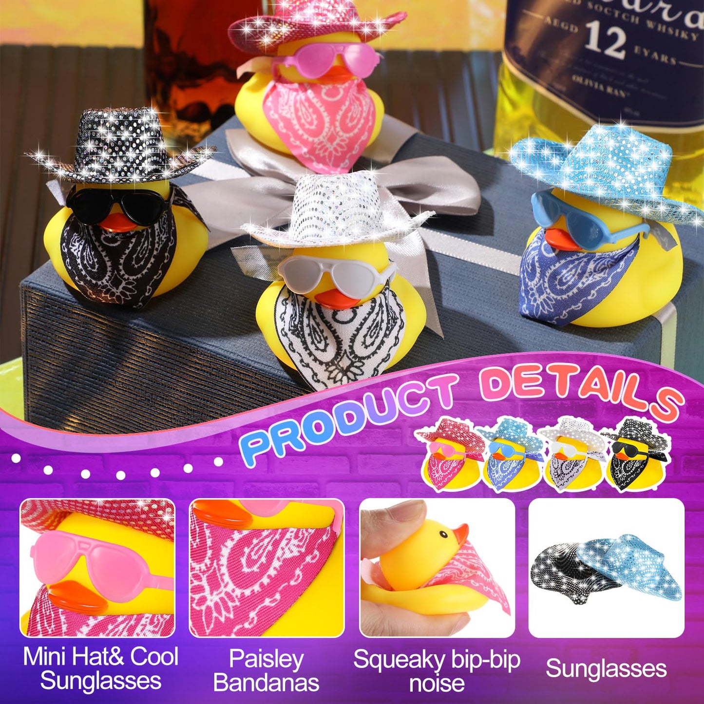 Hanaive 24 Sets Christmas Cowboy Rubber Ducks – Light-Up Disco Hats & Accessories