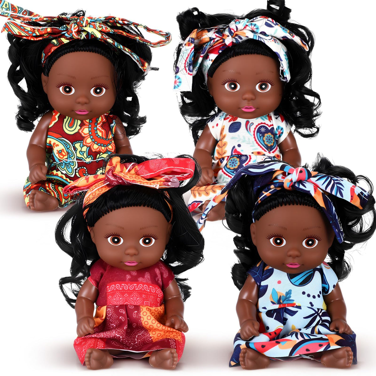 Hanaive 4 Pcs 4-Inch Mini Baby Dolls – Realistic African-Style PVC Toys (Black)