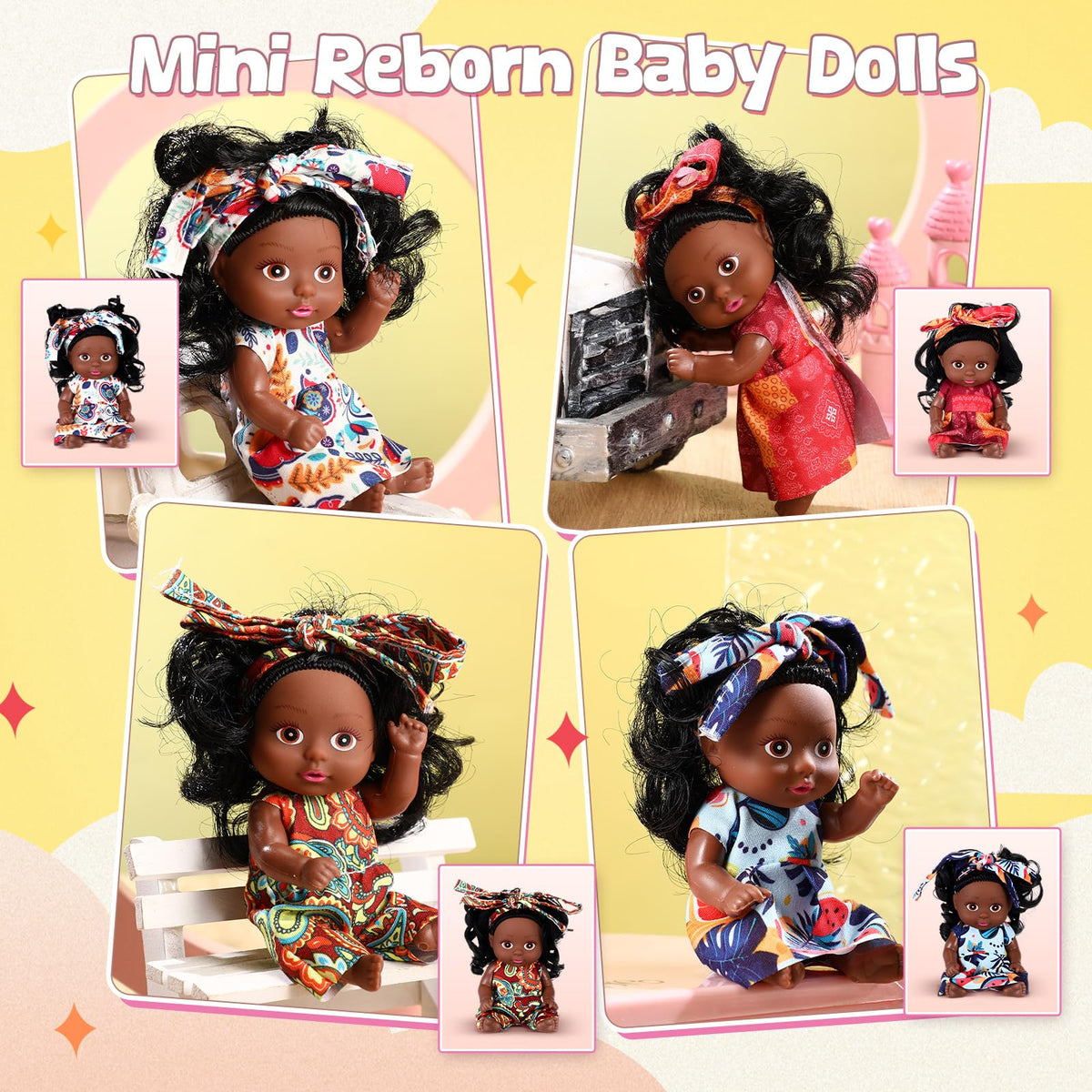 Hanaive 4 Pcs 4-Inch Mini Baby Dolls – Realistic African-Style PVC Toys (Black)