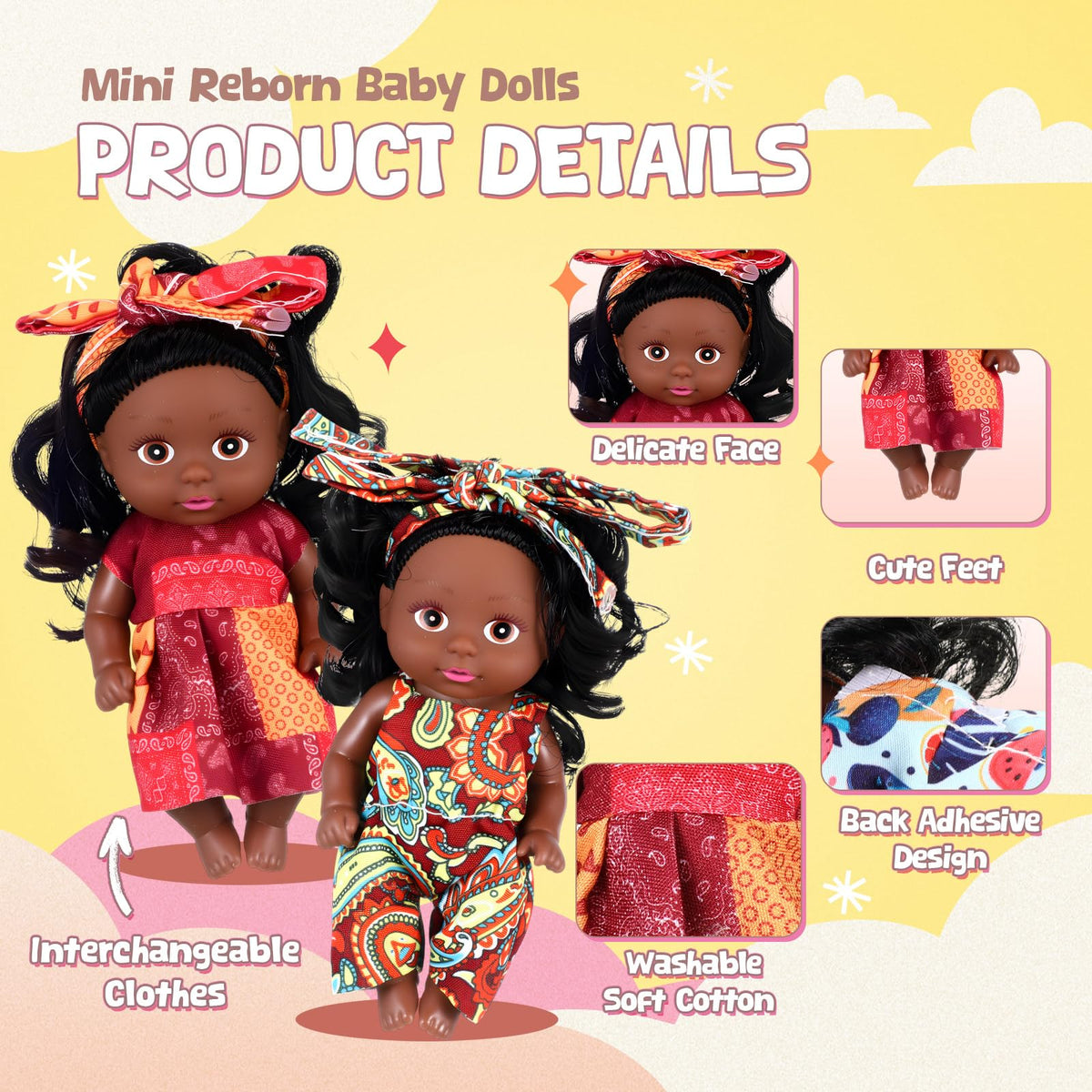 Hanaive 4 Pcs 4-Inch Mini Baby Dolls – Realistic African-Style PVC Toys (Black)