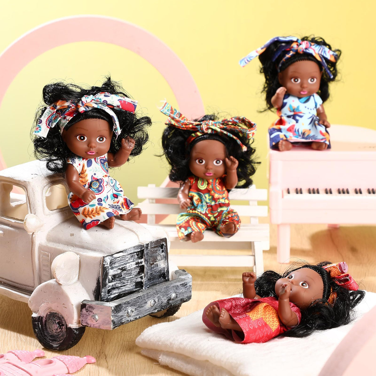 Hanaive 4 Pcs 4-Inch Mini Baby Dolls – Realistic African-Style PVC Toys (Black)