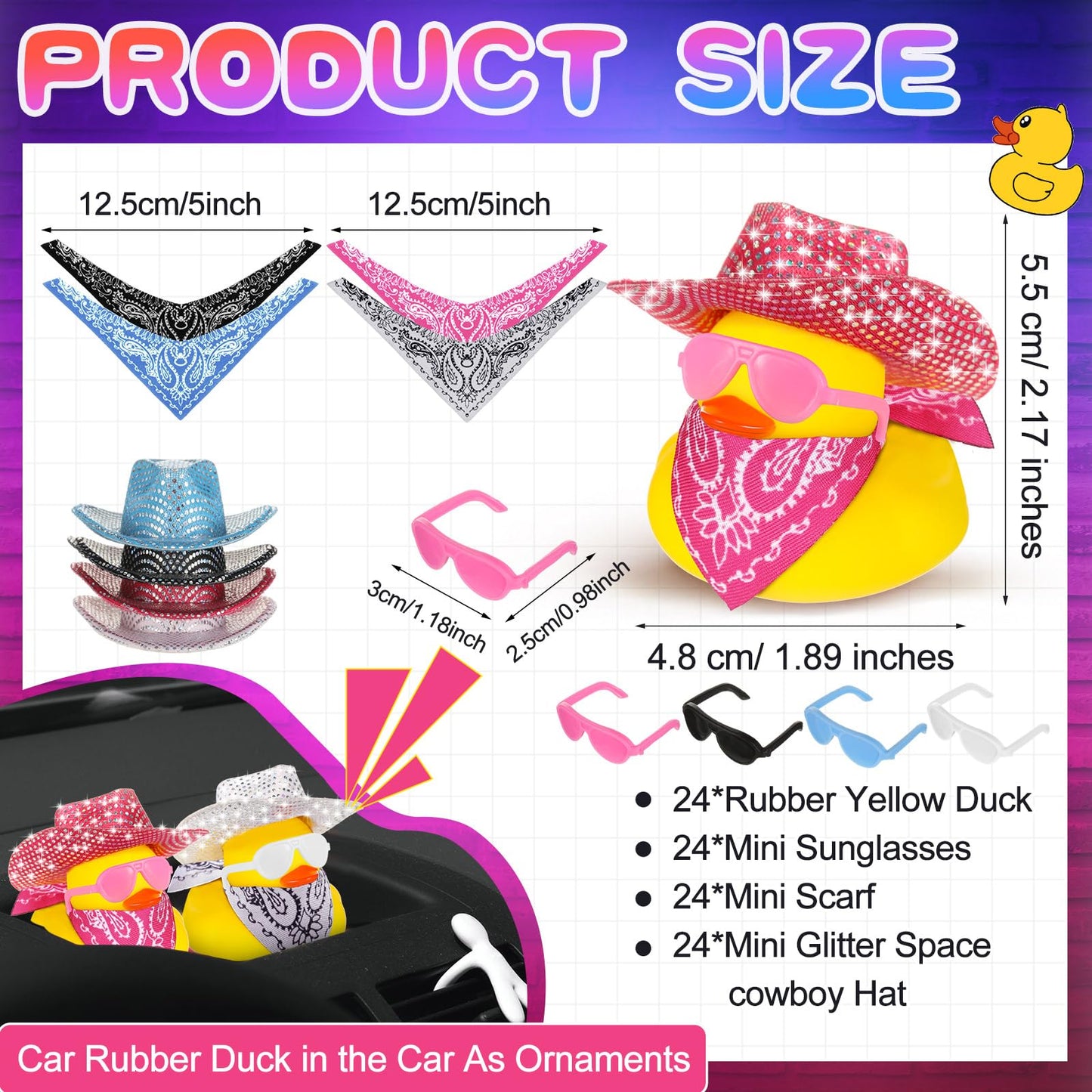Hanaive 24 Sets Christmas Cowboy Rubber Ducks – Light-Up Disco Hats & Accessories