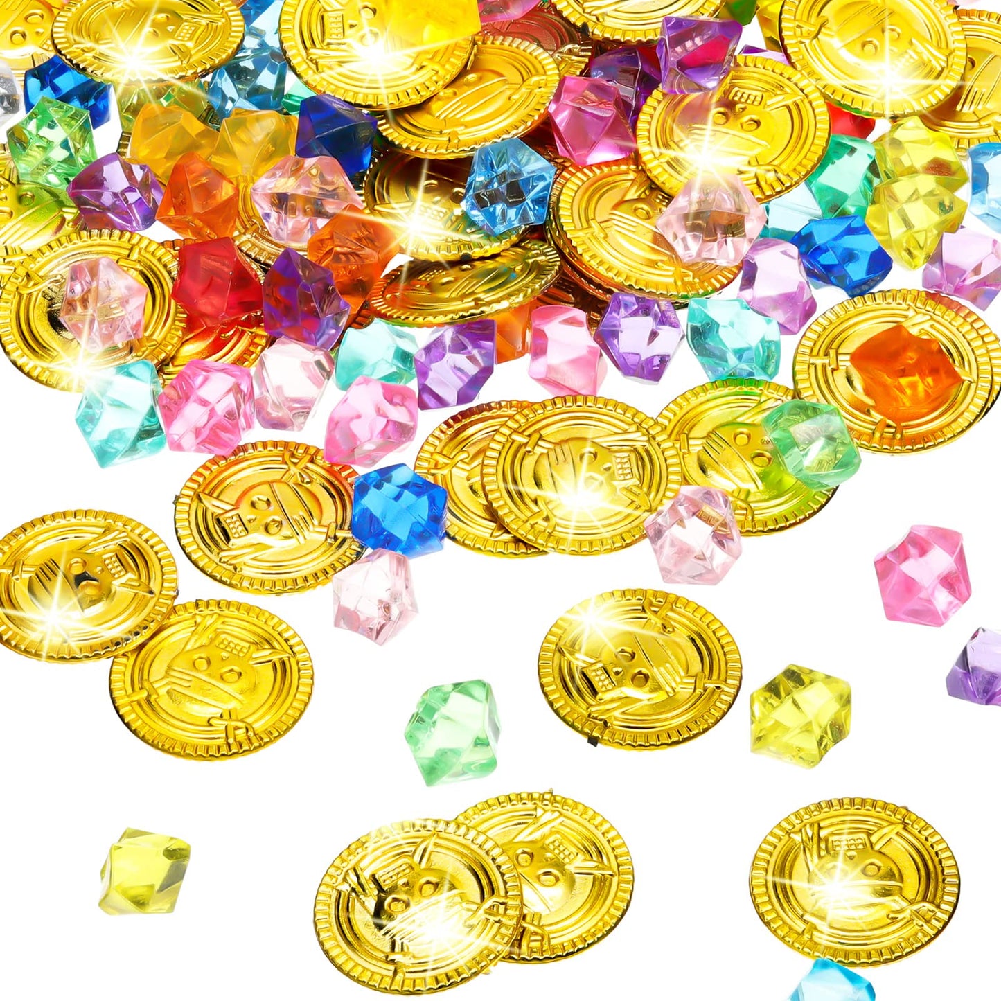 Hanaive 150 Pcs Plastic Pirate Coins & Acrylic Gems – Treasure Hunt Party Decorations & Pirate Props