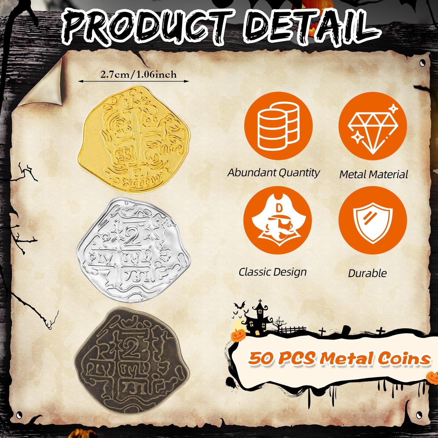 Hanaive 50 Pcs Metal Pirate Coins | Spanish Doubloon Replicas for Treasure Hunts, Parties & Cosplay