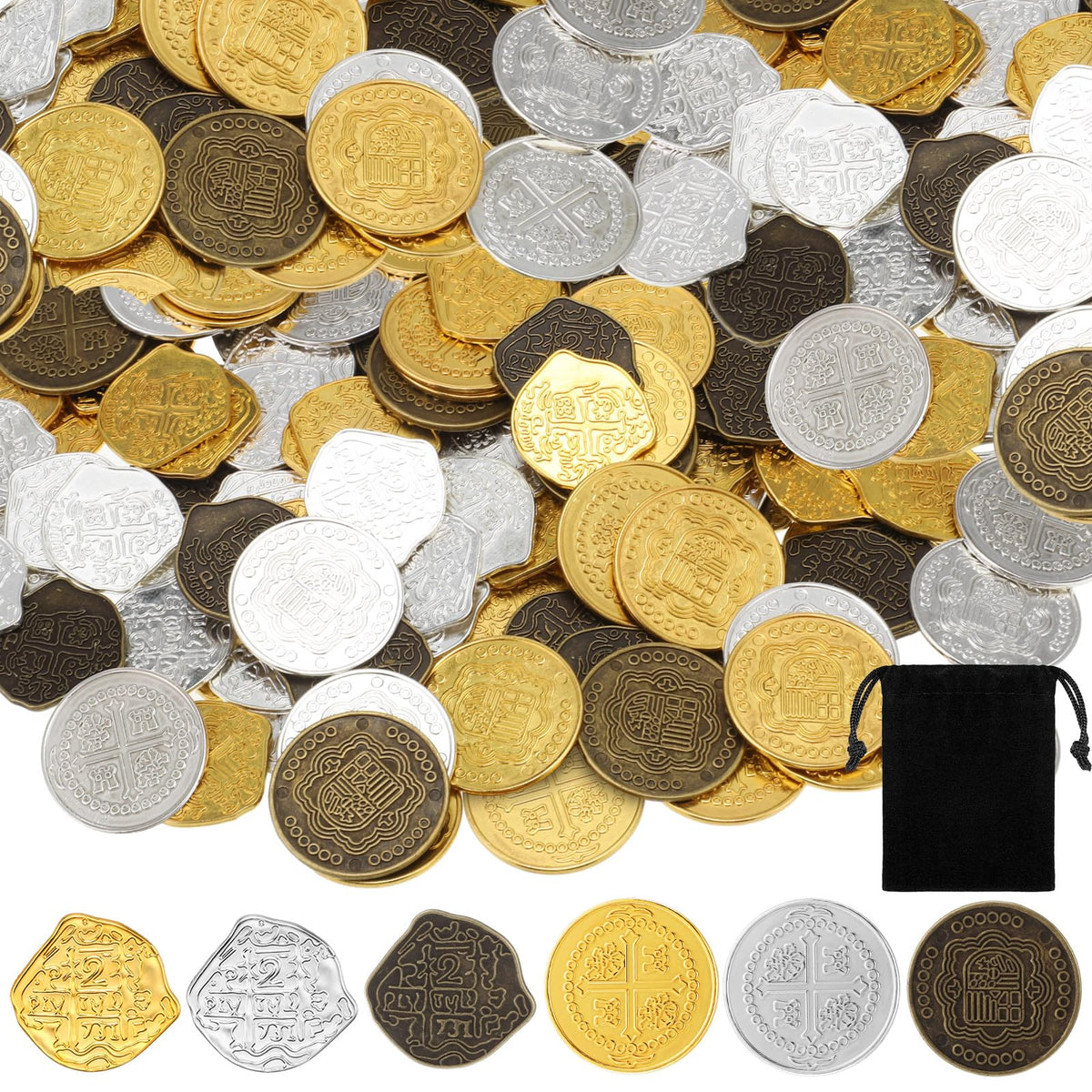 Hanaive 100 Pcs Metal Pirate Coins Spanish Doubloons for Kids Parties Cosplay Groovy Style