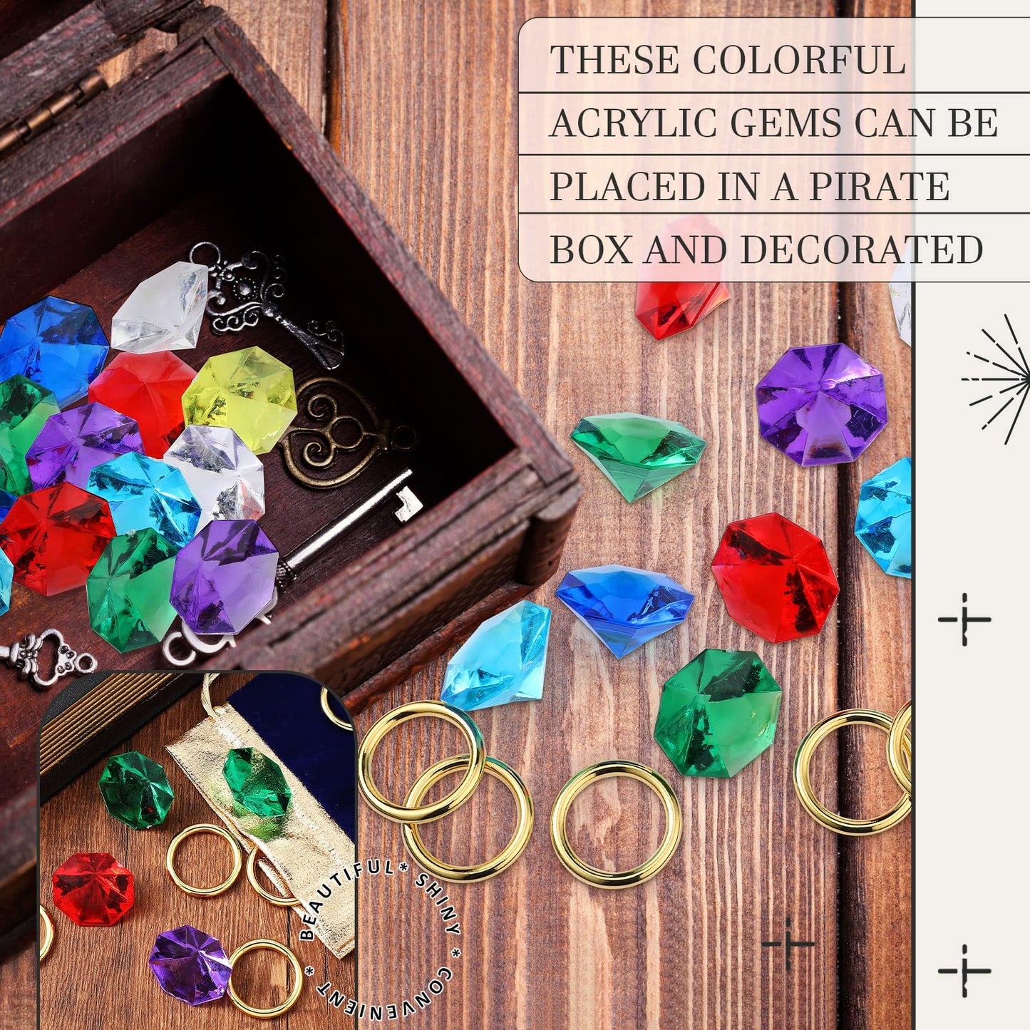 Hanaive 28-Piece Acrylic Diamond Gems & Gold Ring Set – Pirate Treasure Party Decor & Cake Toppers (2 Gift Bags)