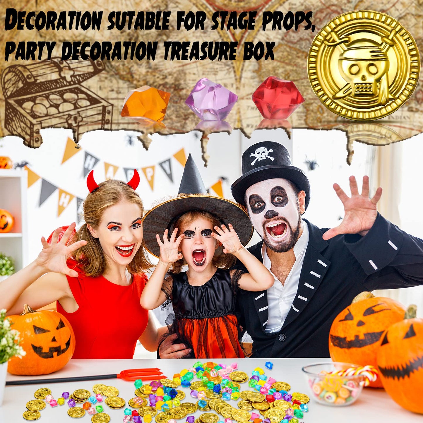 Hanaive 150 Pcs Plastic Pirate Coins & Acrylic Gems – Treasure Hunt Party Decorations & Pirate Props