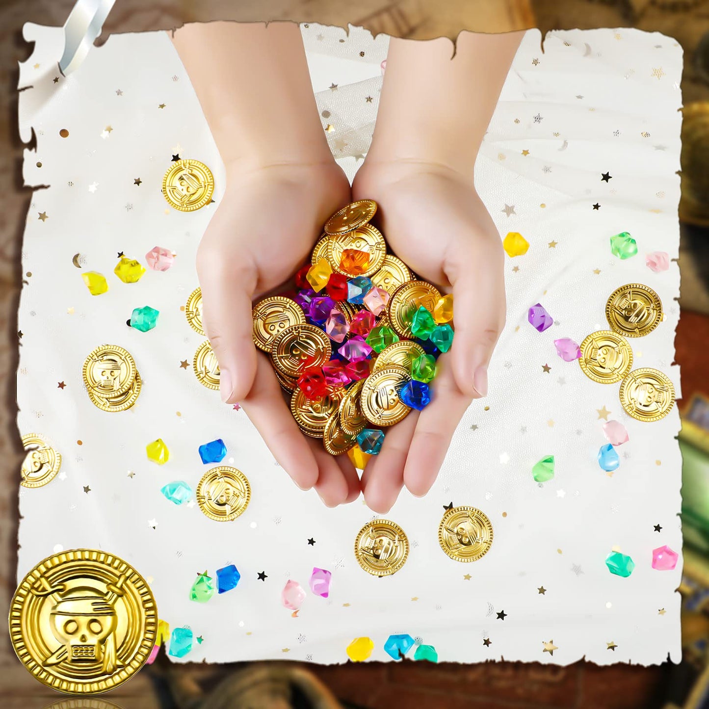 Hanaive 150 Pcs Plastic Pirate Coins & Acrylic Gems – Treasure Hunt Party Decorations & Pirate Props
