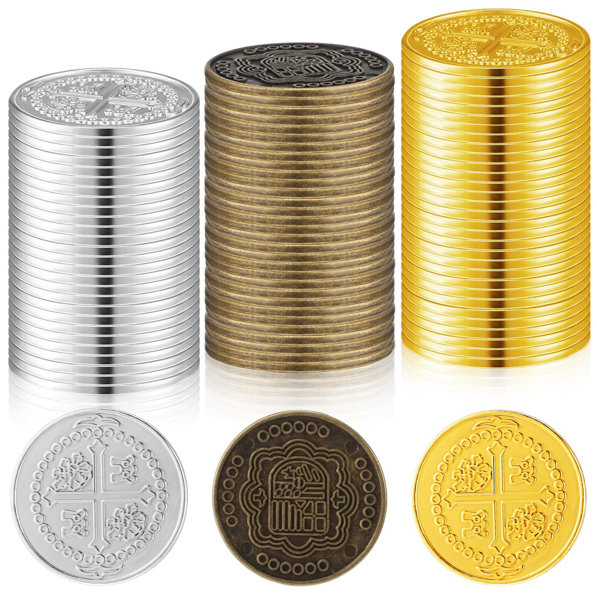 Hanaive 50 Pcs Metal Treasure Coins – Gold, Silver & Bronze Pirate Tokens for Parties