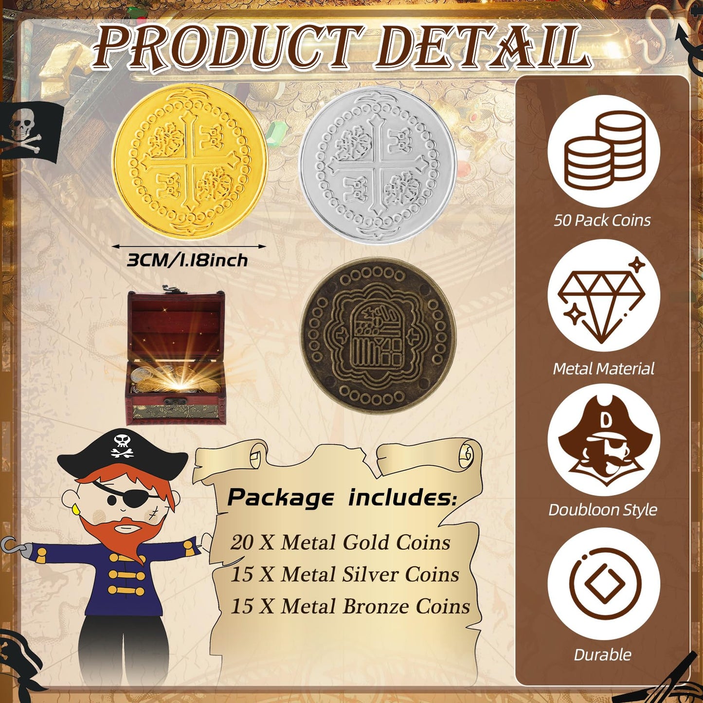 Hanaive 50 Pcs Metal Treasure Coins – Gold, Silver & Bronze Pirate Tokens for Parties