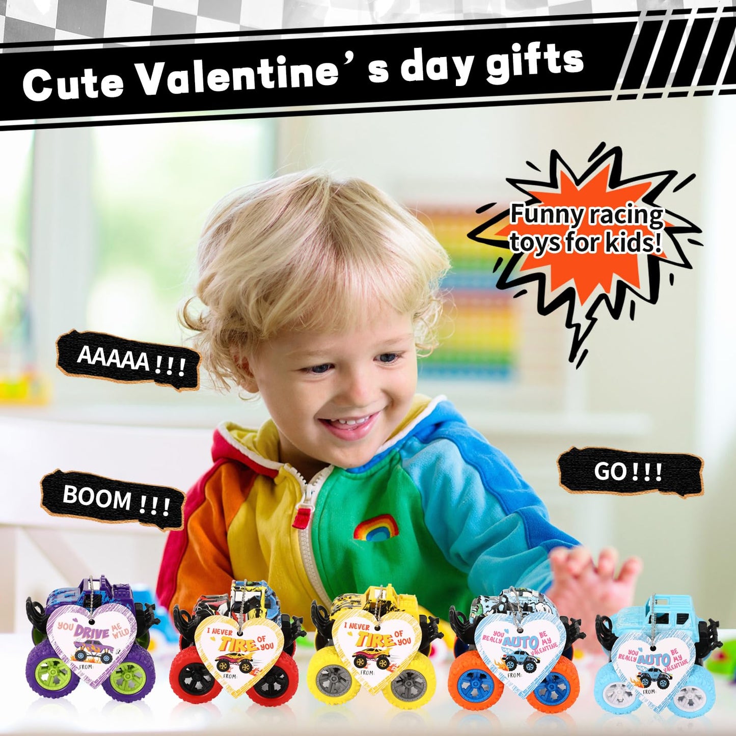 Hanaive 24-Pack Valentines Monster Trucks & Cards Gift Set for Kids