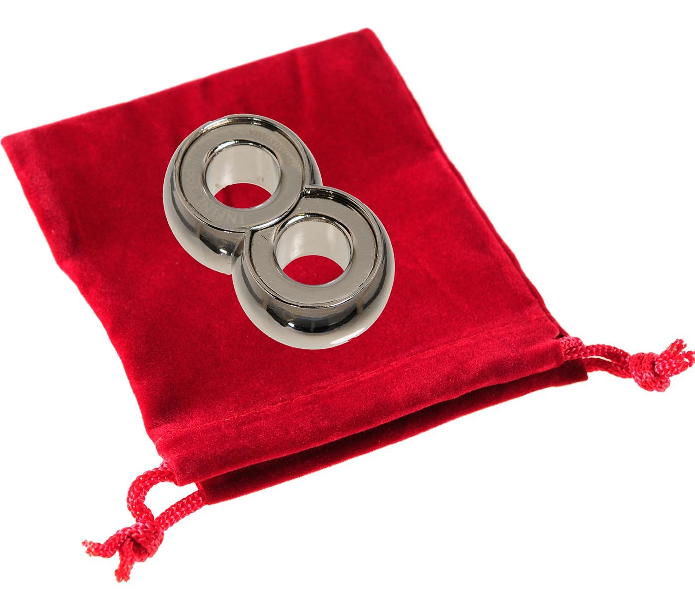 Infinity Hanayama Puzzle – Level 6 Chrome Figure-8 with Red Velveteen Pouch (Bundle)