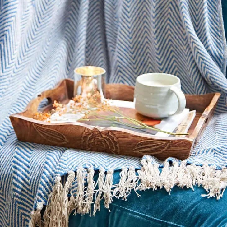 Hand Carved Wooden Tea Tray - Mango Wood Serving Tray