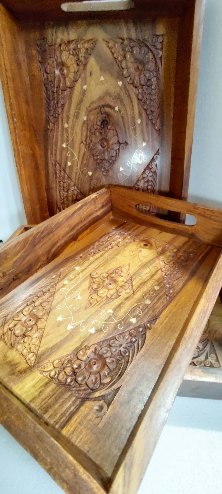 Hand crafted 3 set sasswood trays with carving and bras work