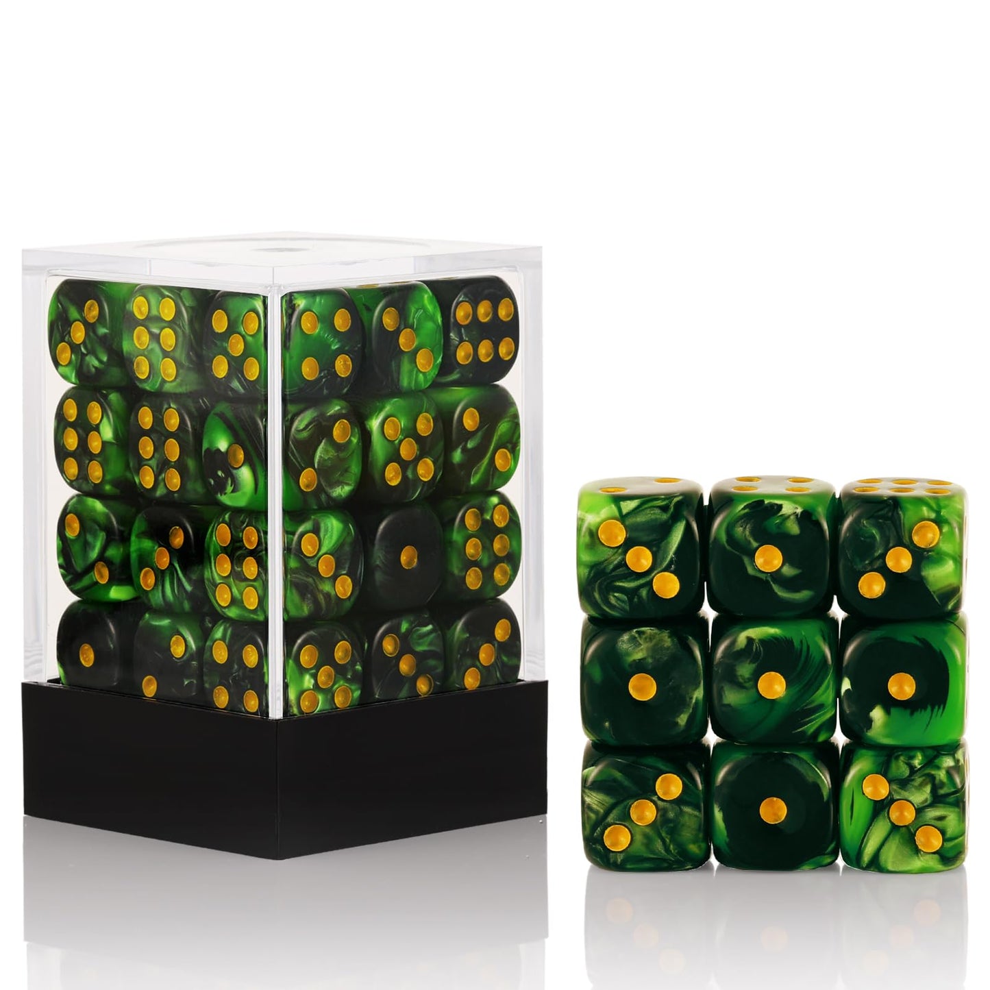 Handan 36‑Dice Pack: 12mm MINI D6 Set in Grass Green & Black with Portable Box