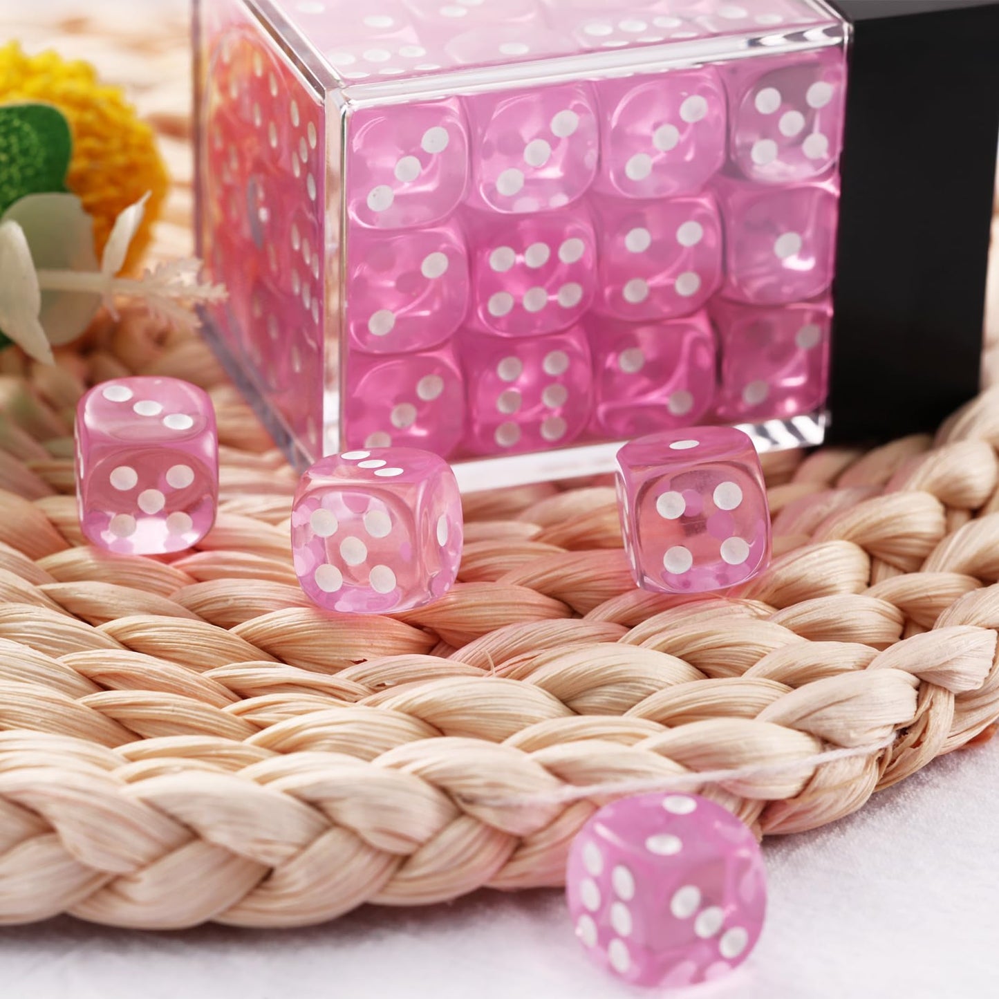 Handan 12mm MINI Dice Set – 36 Translucent Color Dice with Pink Portable Box
