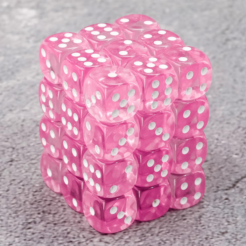 Handan 12mm MINI Dice Set – 36 Translucent Color Dice with Pink Portable Box