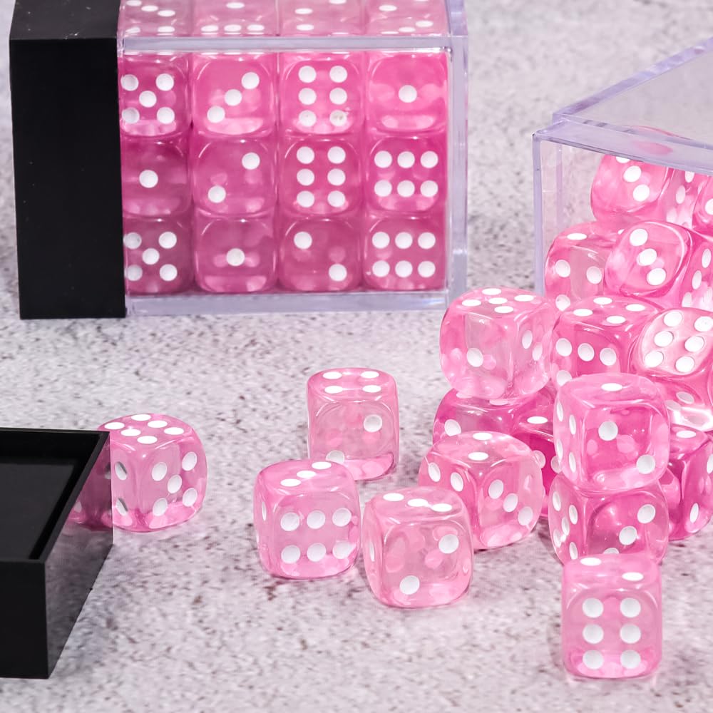 Handan 12mm MINI Dice Set – 36 Translucent Color Dice with Pink Portable Box