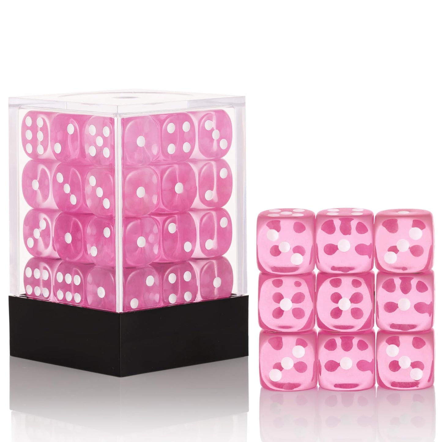 Handan 12mm MINI Dice Set – 36 Translucent Color Dice with Pink Portable Box
