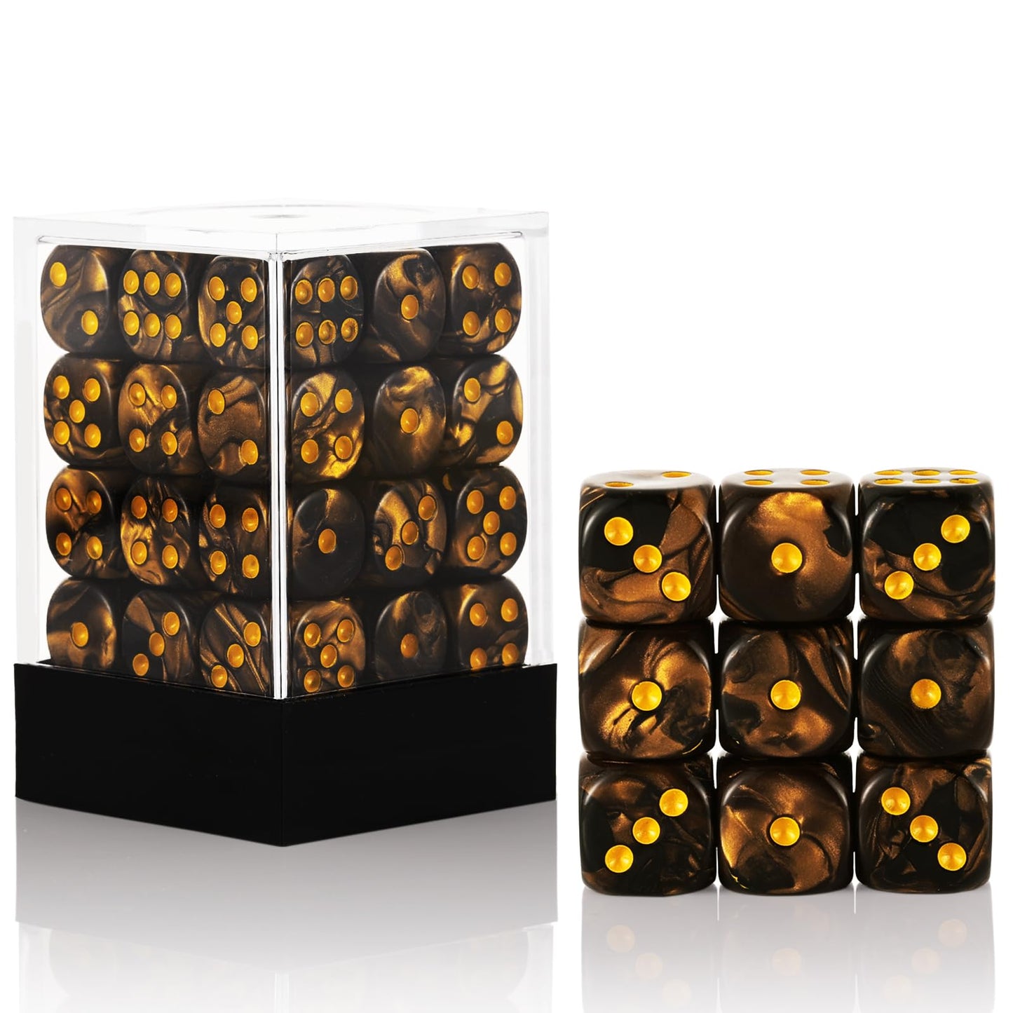 Handan 36-Piece 12mm D6 Dice Set – Two-Color Golden & Black with Portable Box
