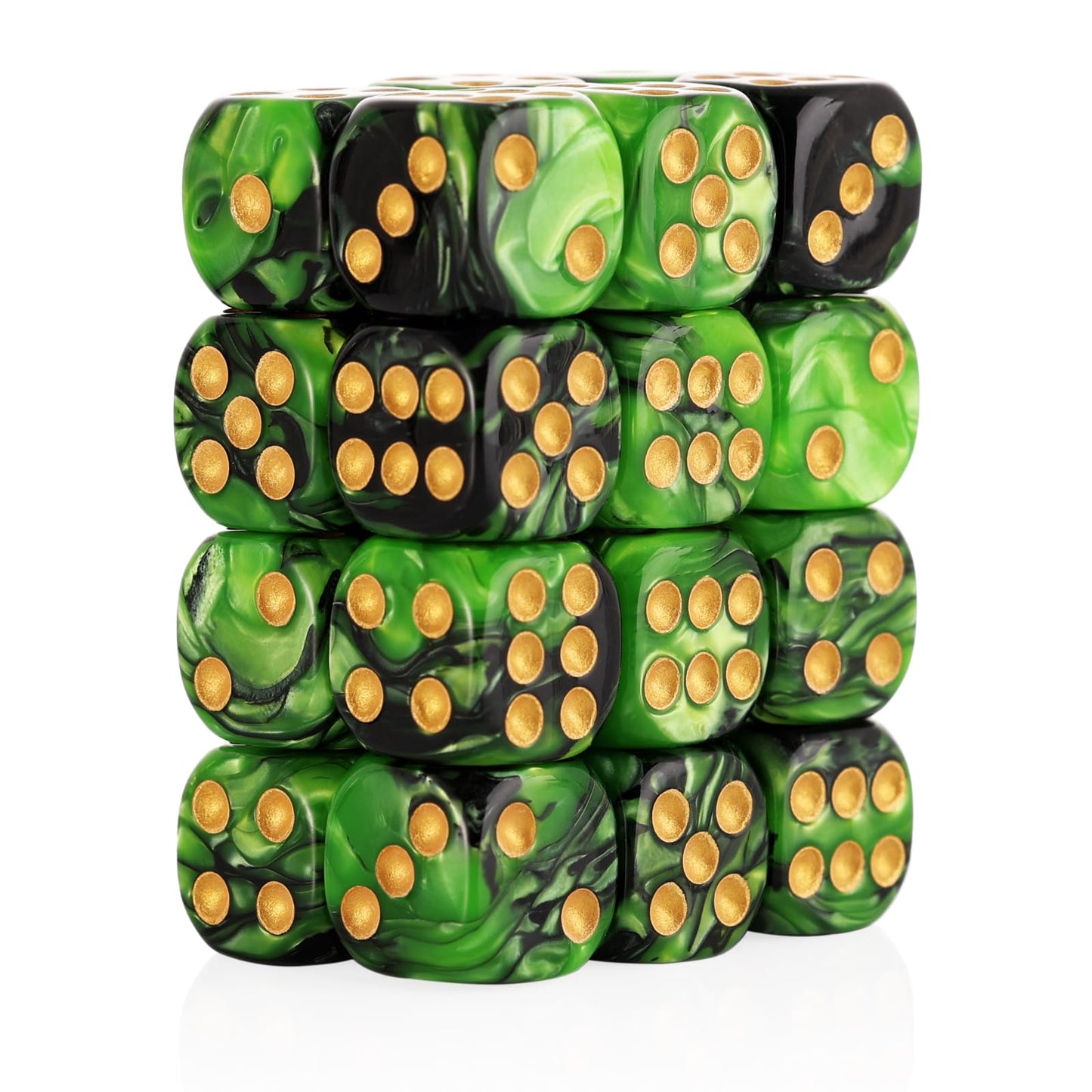 Handan 24-Pack 16mm 6-Sided Dice — Green & Black, Portable Yahtzee & Math Dice