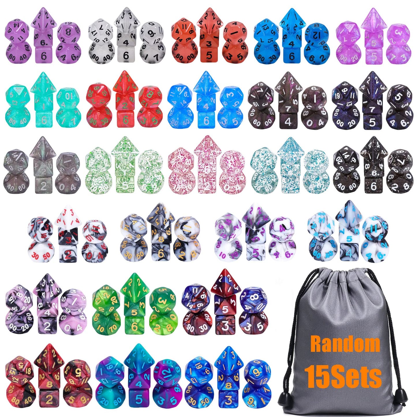 Handan 15 Sets Random Multi-Colored Polyhedral RPG Dice – 105pcs Mini 10mm D&D MTG Dice Set