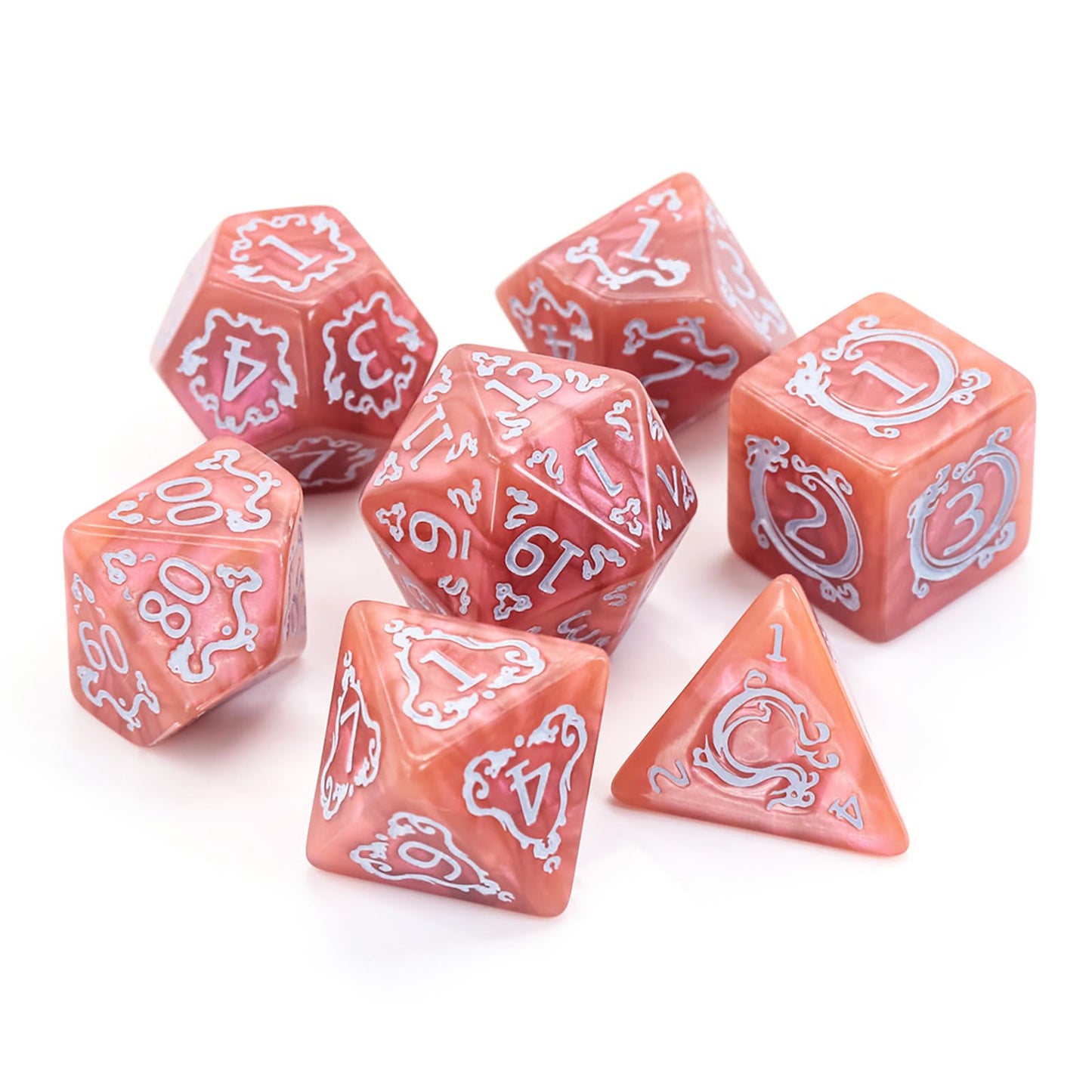 Handan DND Dice Set - 7 Polyhedral Acrylic Dice with Gold Dragon Design (Pinkish Brown)