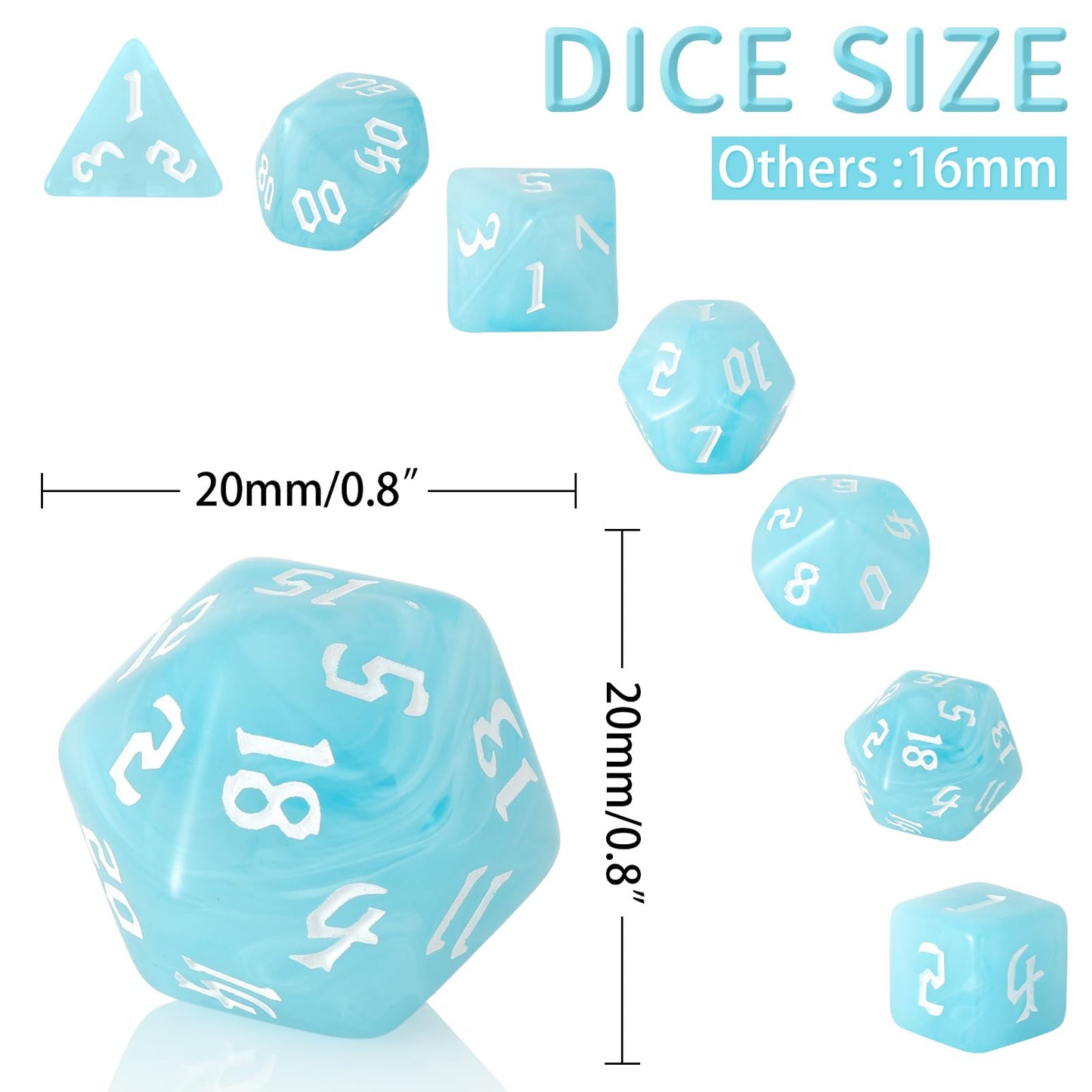 Handan 7-Piece Polyhedral DND Dice Set with White & Blue Swirls for RPG Tabletop