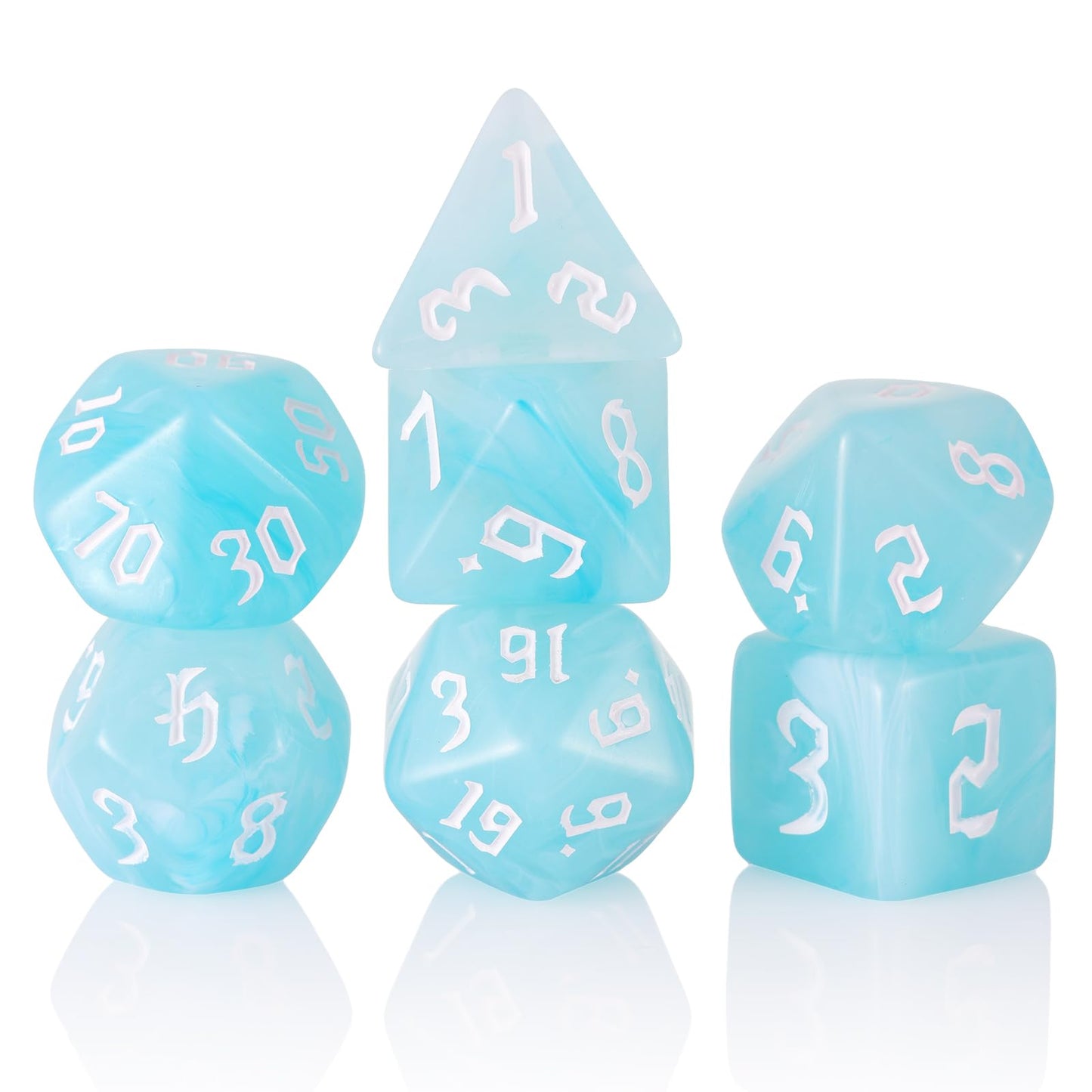 Handan 7-Piece Polyhedral DND Dice Set with White & Blue Swirls for RPG Tabletop