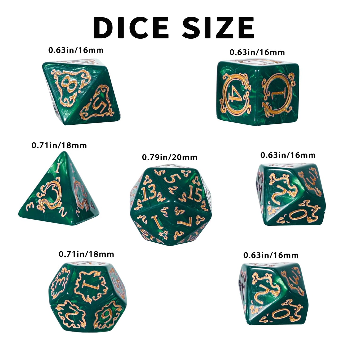 Handan DND Dice Set - 7 Polyhedral Acrylic Dice with Green Pearl & Gold Dragon Design