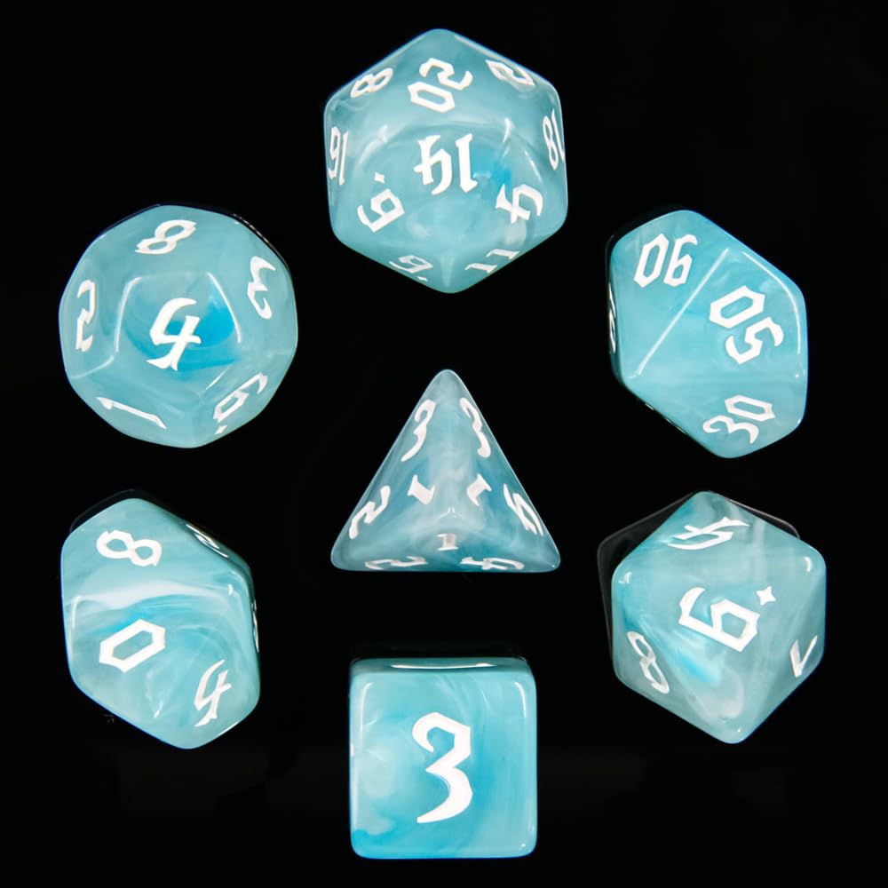 Handan 7-Piece Polyhedral DND Dice Set with White & Blue Swirls for RPG Tabletop