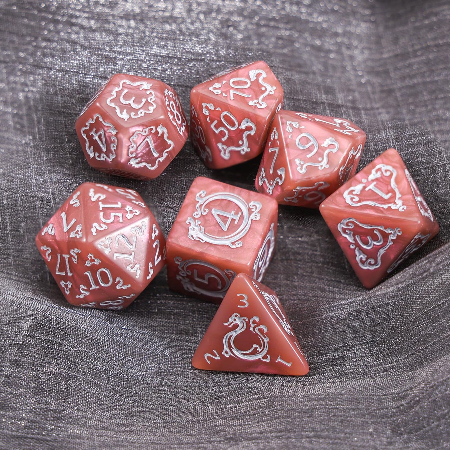 Handan DND Dice Set - 7 Polyhedral Acrylic Dice with Gold Dragon Design (Pinkish Brown)