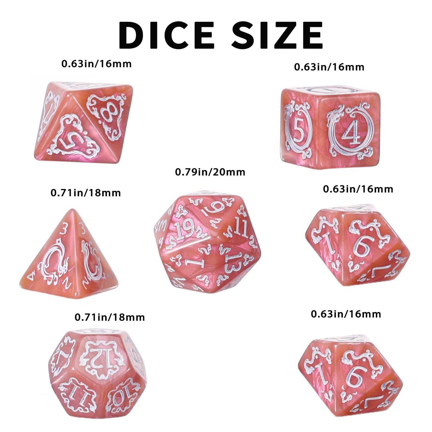Handan DND Dice Set - 7 Polyhedral Acrylic Dice with Gold Dragon Design (Pinkish Brown)