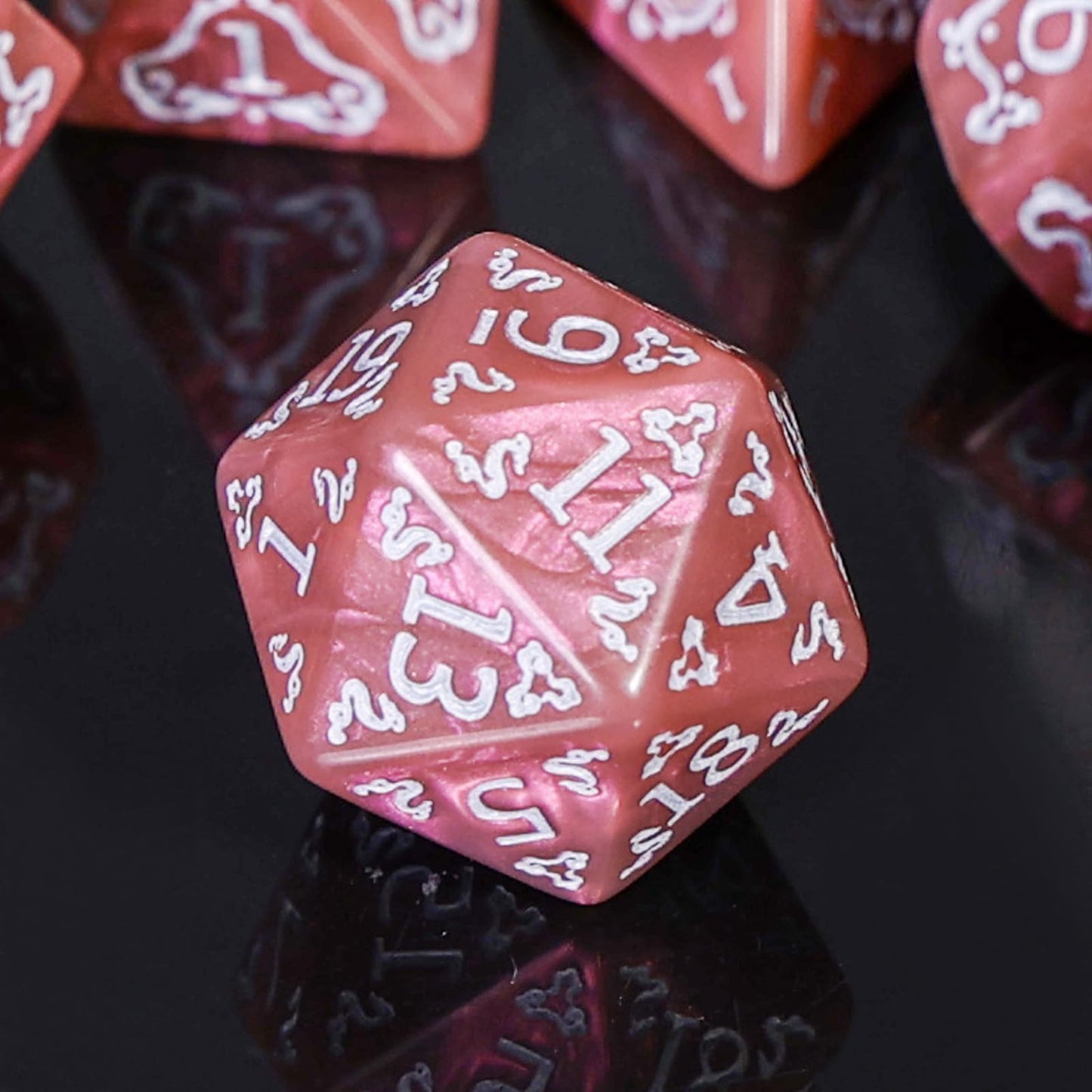 Handan DND Dice Set - 7 Polyhedral Acrylic Dice with Gold Dragon Design (Pinkish Brown)