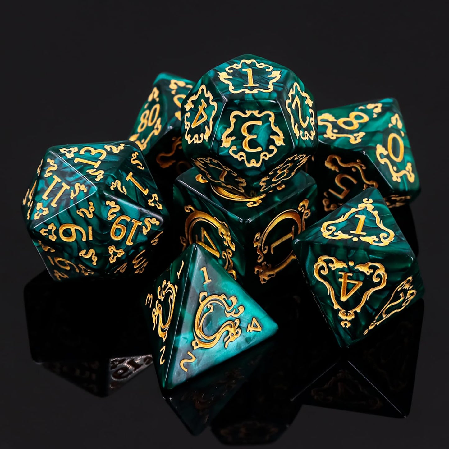 Handan DND Dice Set - 7 Polyhedral Acrylic Dice with Green Pearl & Gold Dragon Design