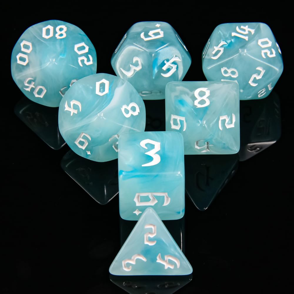 Handan 7-Piece Polyhedral DND Dice Set with White & Blue Swirls for RPG Tabletop