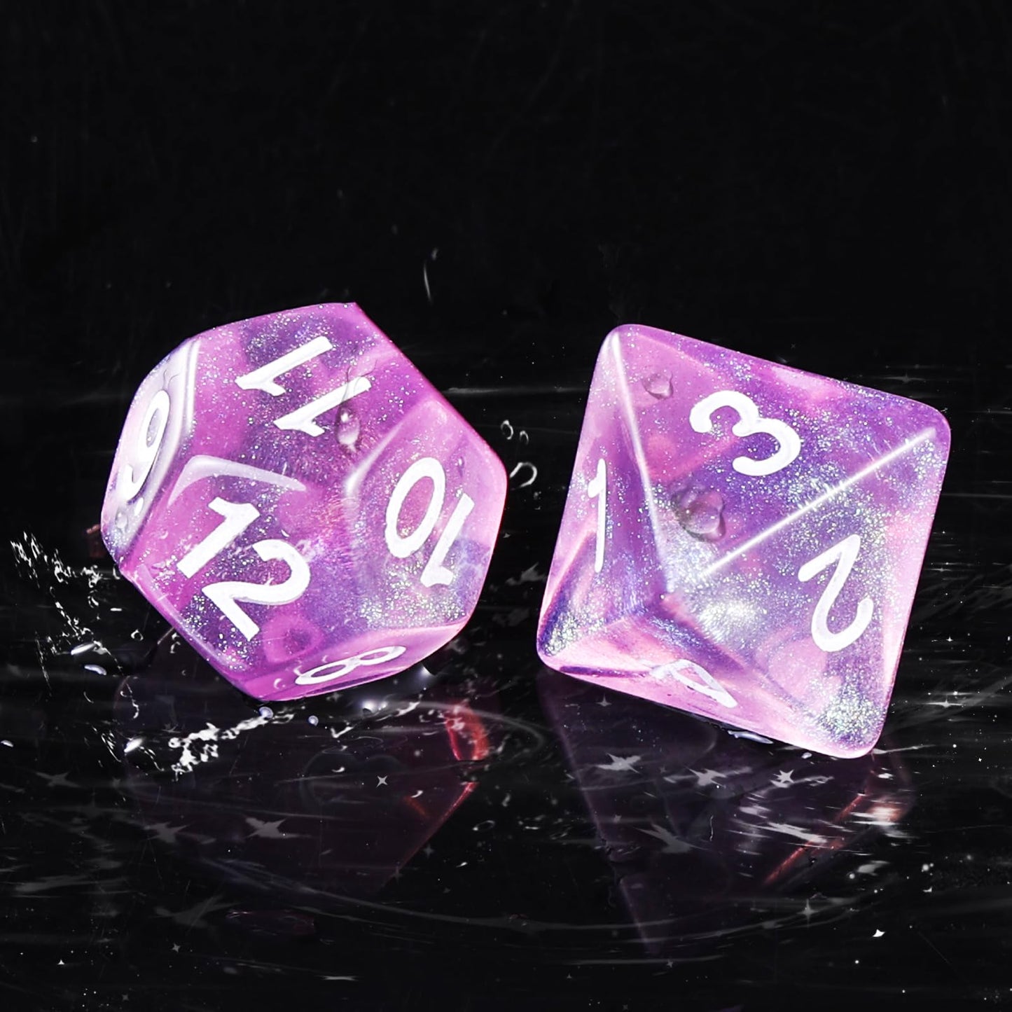 Handan Pink Transparent Glitter DND Dice Set – 7-Piece Polyhedral RPG Dice