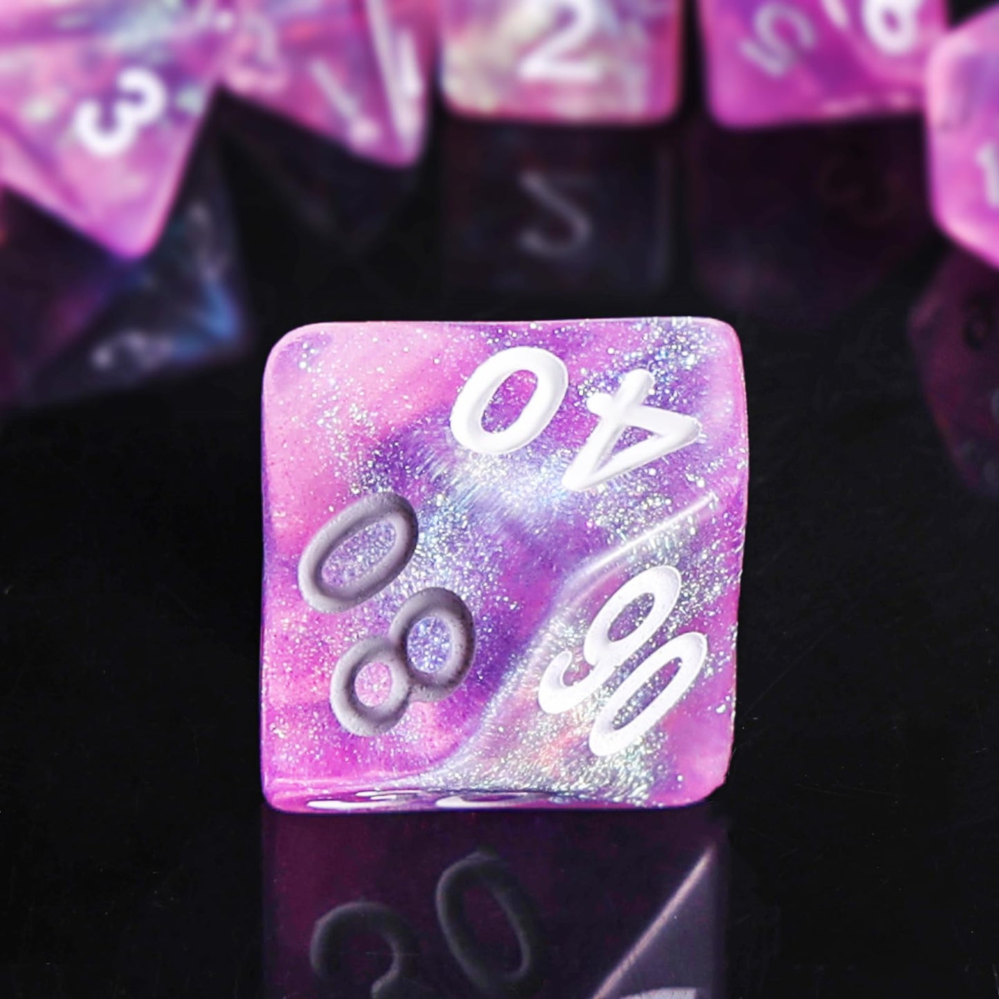 Handan Pink Transparent Glitter DND Dice Set – 7-Piece Polyhedral RPG Dice